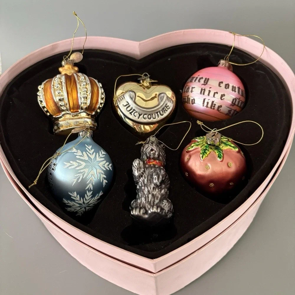 Y2K Juicy Couture 6 Piece Christmas Ornaments in Box Scottie Crown Berry Heart